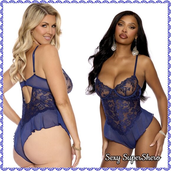 🆕💙Lace Mesh Underwire Slip on Lingerie Teddy - Picture 1 of 7
